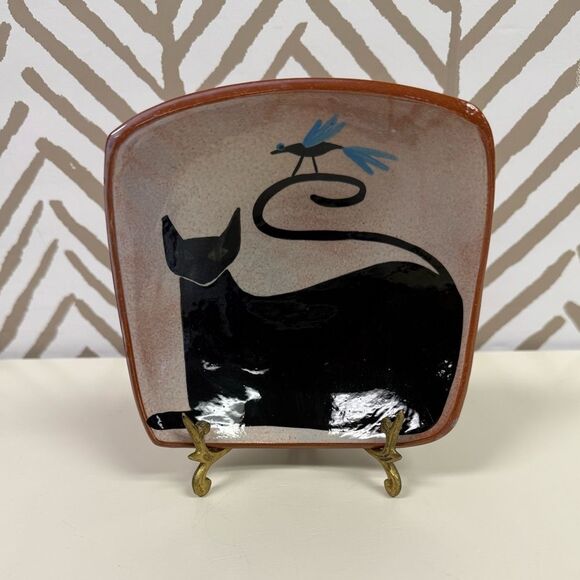 Signed Handpainted Cat & Bird Ceramic Pottery Bowl - Picture 5 of 7